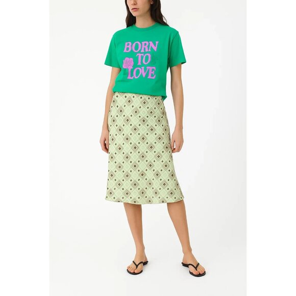 Ann Taylor Loft 100% Silk Geometric Print Midi Skirt Size 10 Beige & Blue - Picture 1 of 5